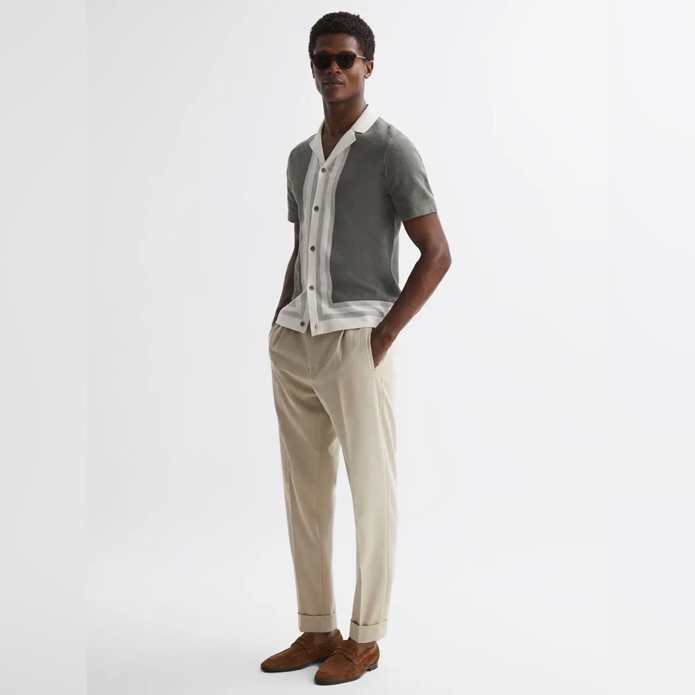 Reiss mens S Small sage green cuban collar Durban knit button up shirt EUC